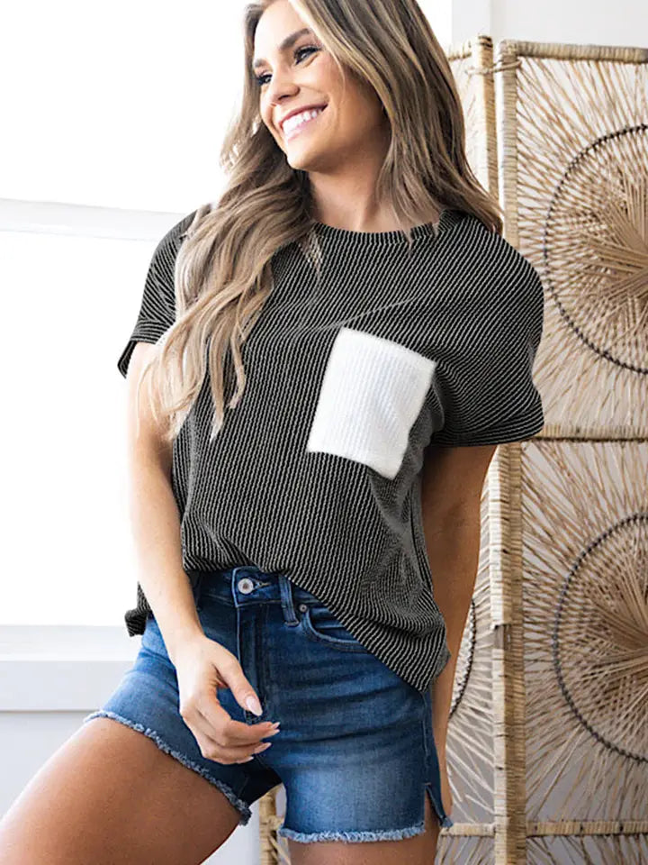 Light Blue Corded Knit Color Block Pocketed Crew Neck T Shirt