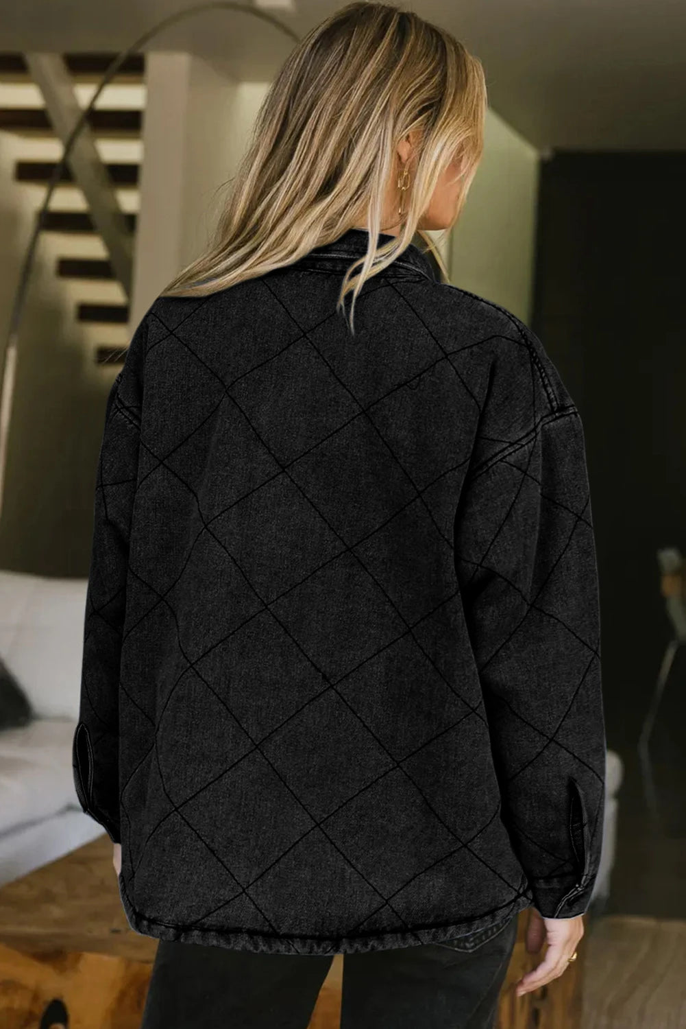 Black Rhombus Stitched Pattern Button Pocketed Denim Jacket