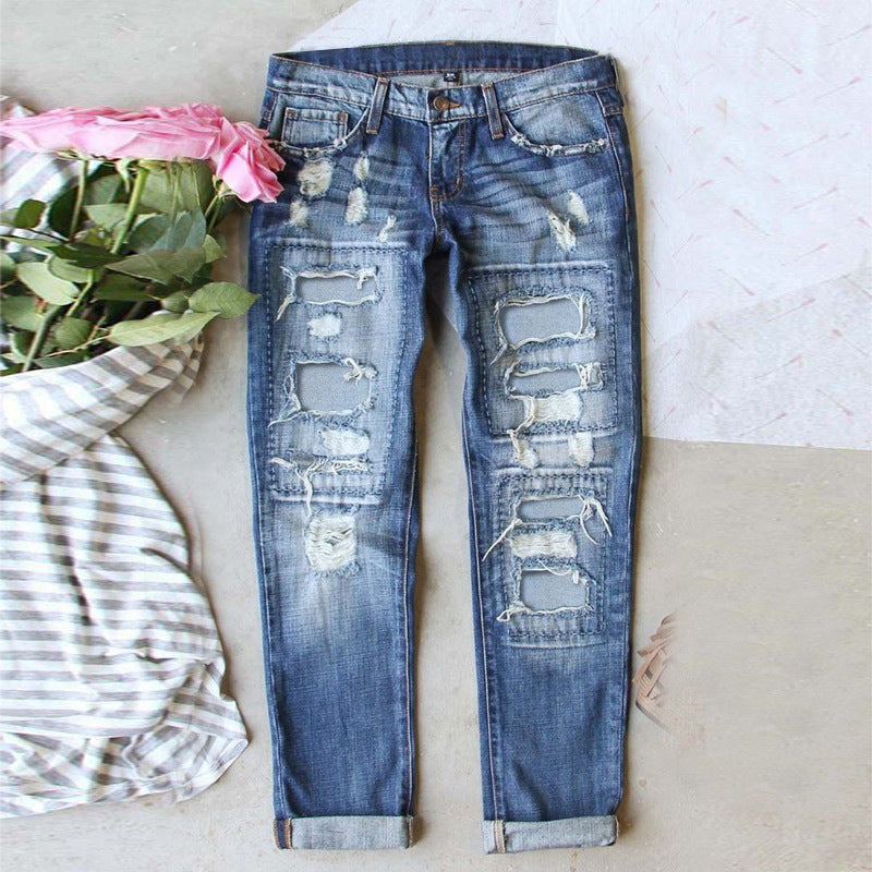Custom Distressed Patchwork Ripped Denim Jeans Women