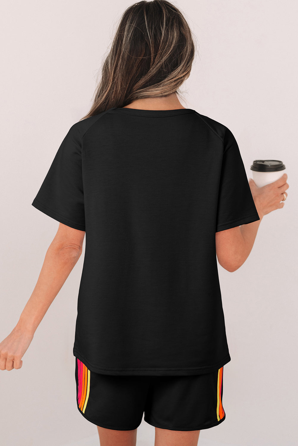 Solid Color Striped Patch Front Casual Tee
