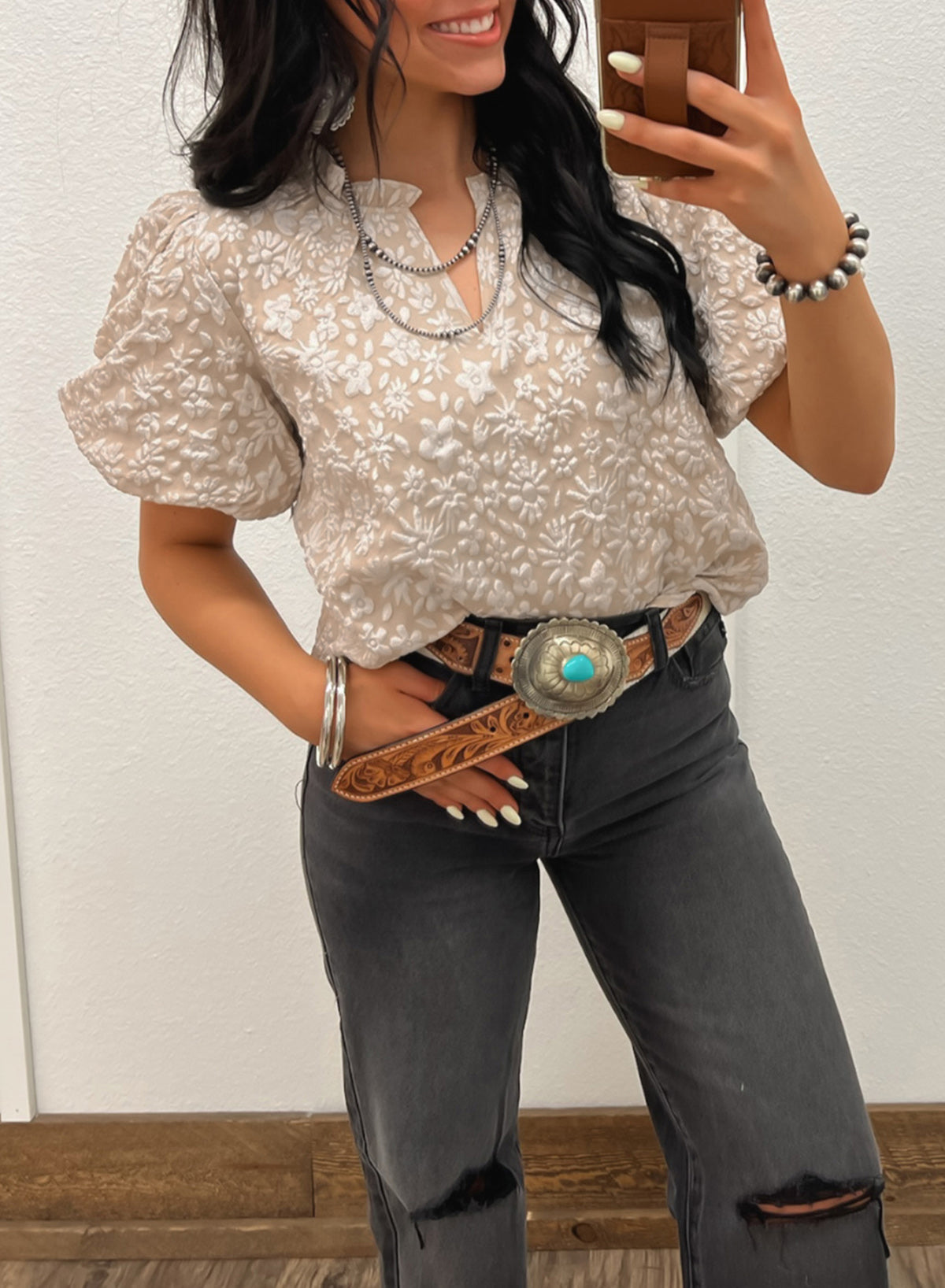 Floral Jacquard Western Blouse Puff Sleeve Top