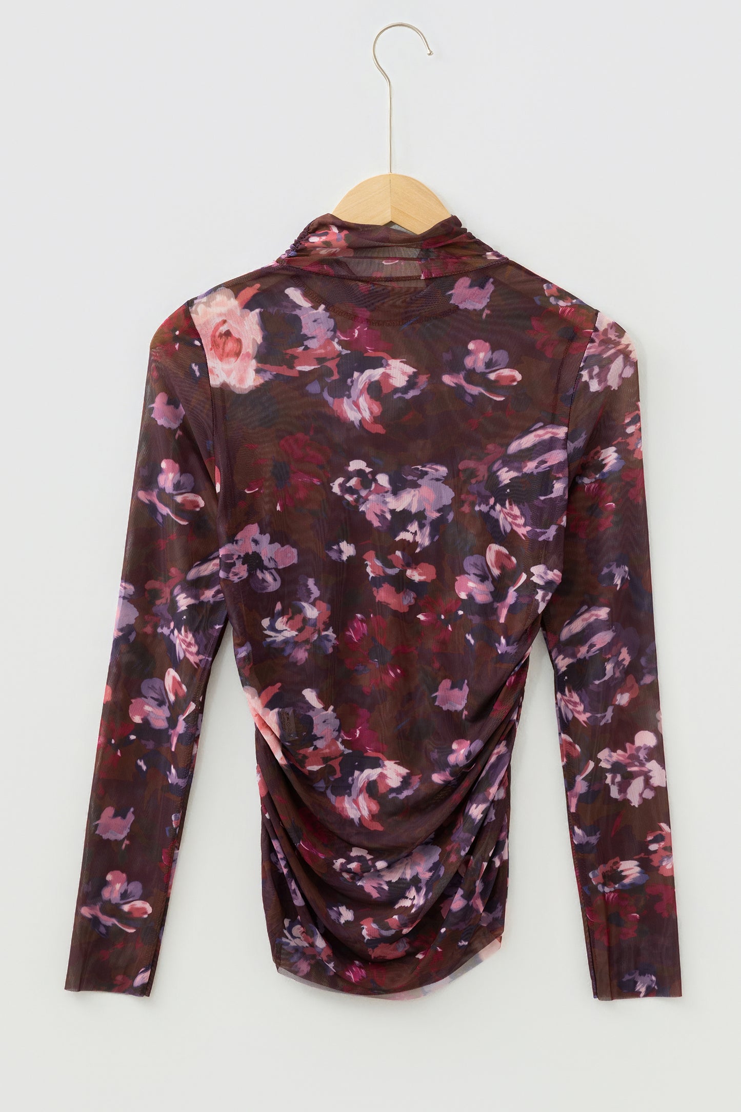 Brown High Neck Ruched Floral Mesh Top