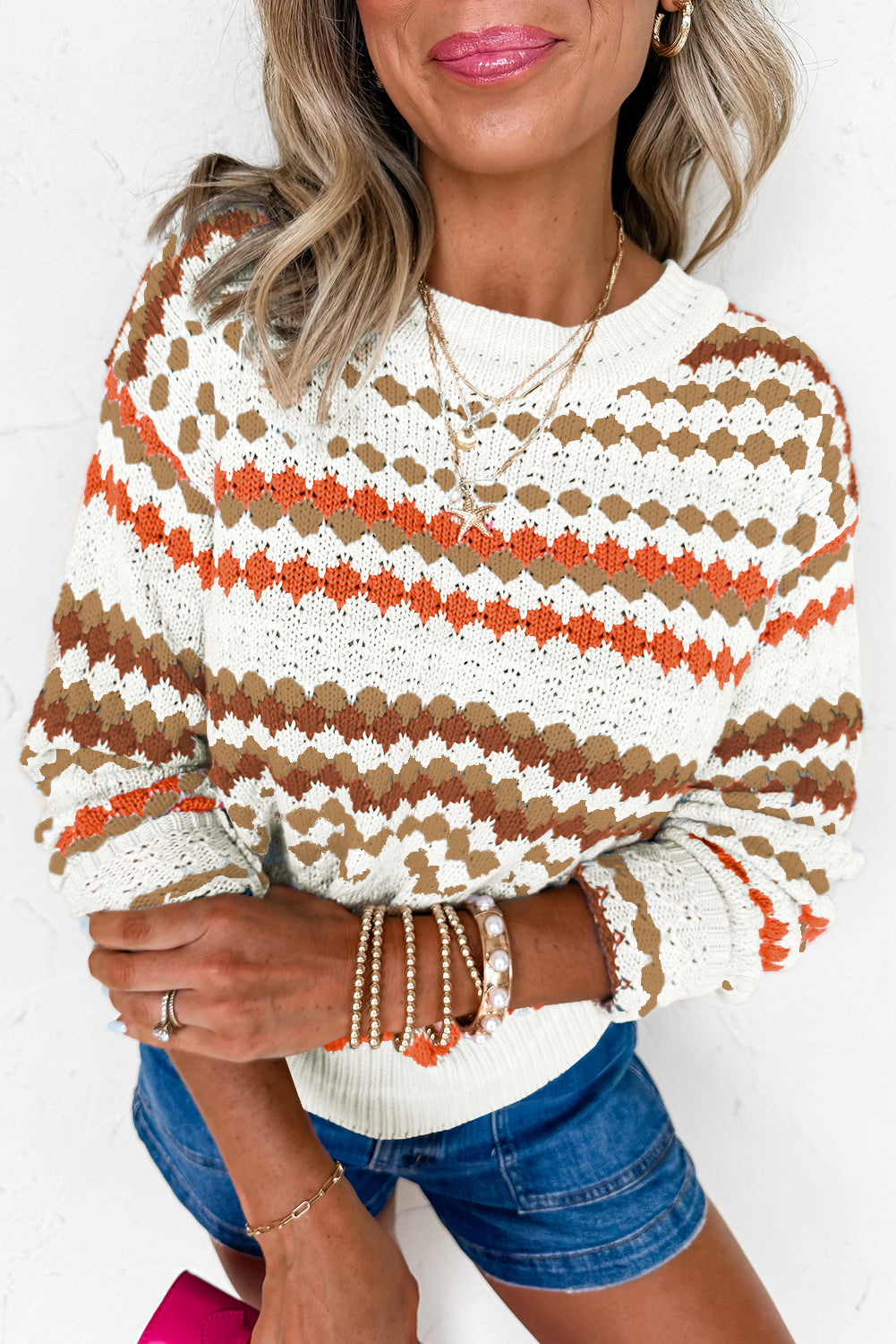 Khaki Stripe Eyelet Patterned Drop Shoulder Sweater