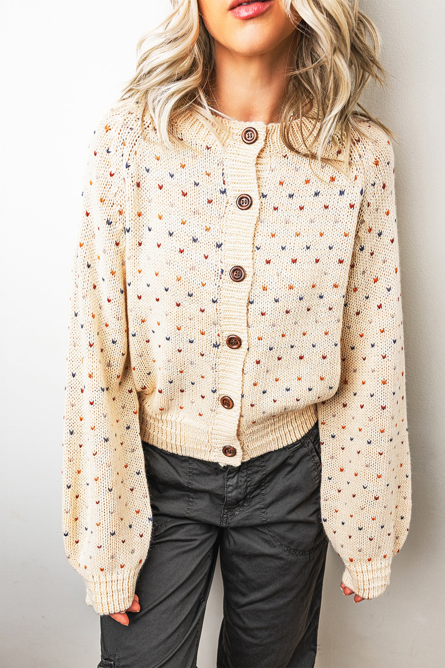 Beige Geometric Print Button Front Long Sleeve Regular Fit Cardigan