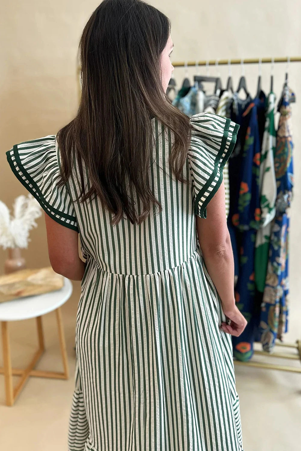 Stripe Double Ruffled Short Sleeve Contrast Trim V Neck Midi Dress