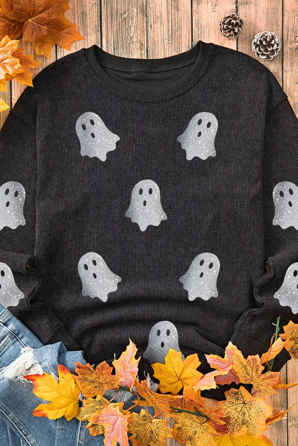 Black Halloween Ghost Corded Crew Neck Loose Sweatshirt