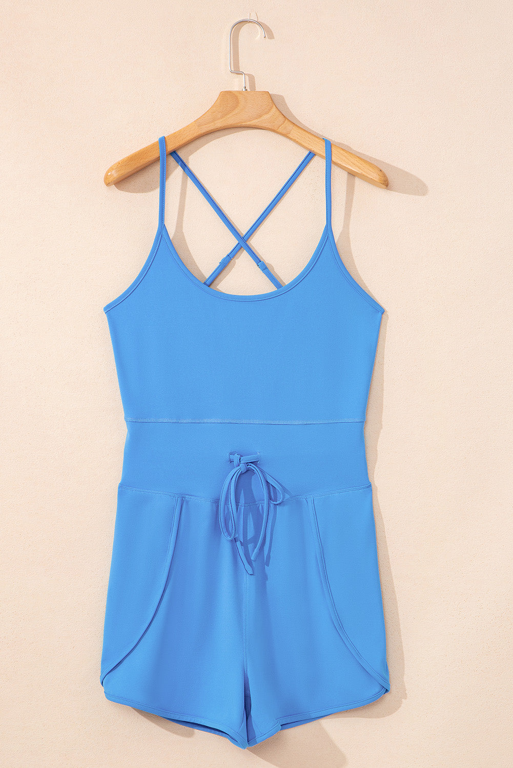 Blue Crossed Spaghetti Straps Drawstring Waist Sporty Romper