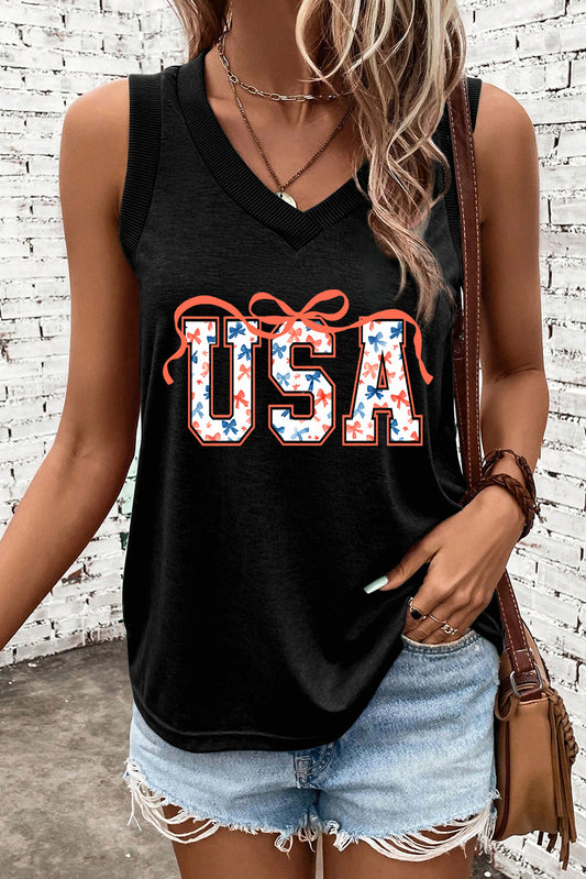 Black USA Bow Tie Print V Neck Tank Top