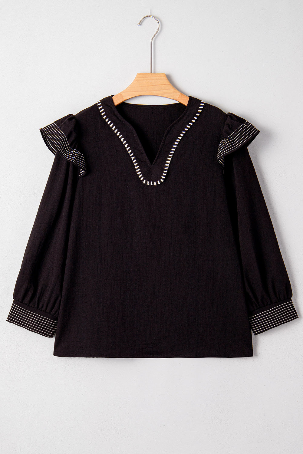 Contrast Stitched Detail V Neck Ruffle Long Sleeve Blouse