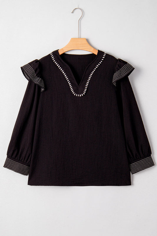 Contrast Stitched Detail V Neck Ruffle Long Sleeve Blouse