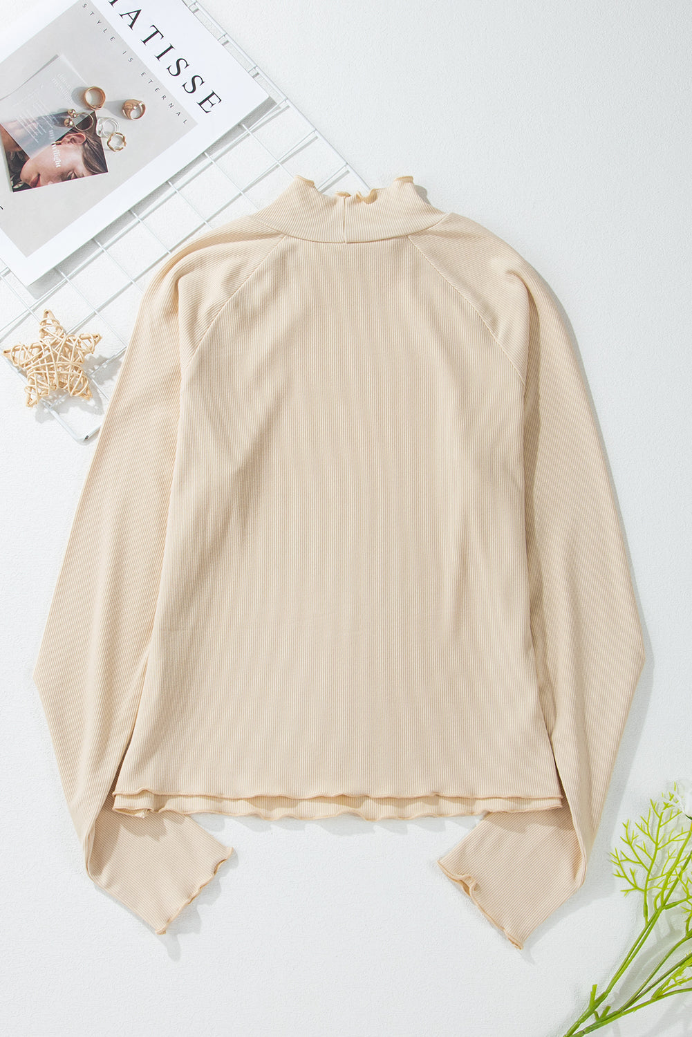 Black Ribbed Knit Lettuce Trim High Neck Long Sleeve Top