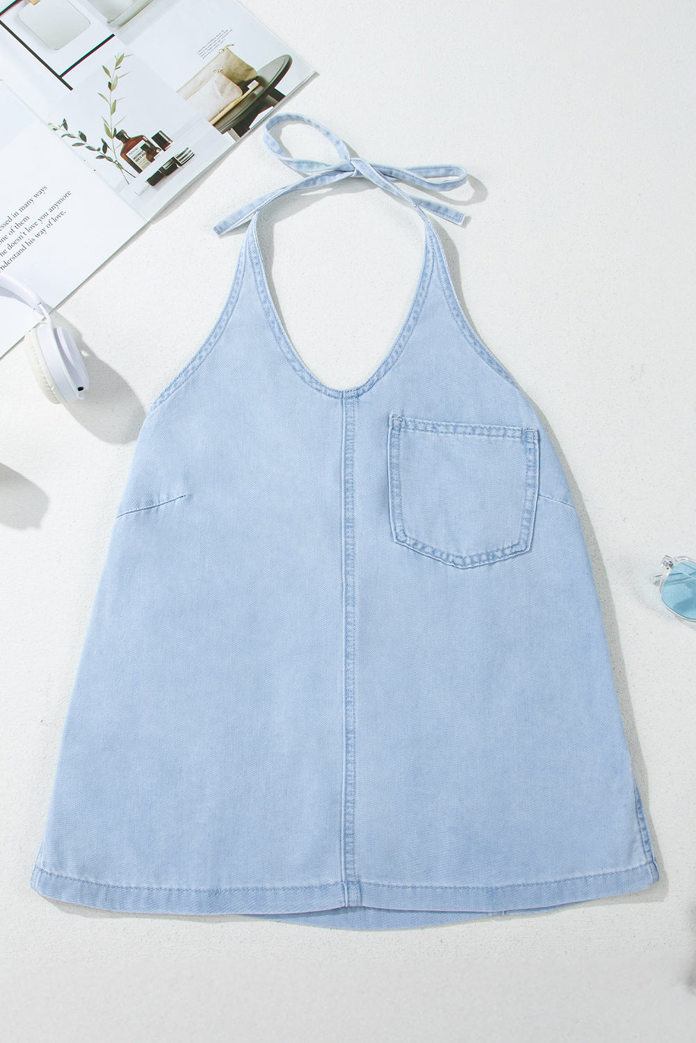 Back Halterneck Knotted Pocketed Denim Tank Top Sleeveless