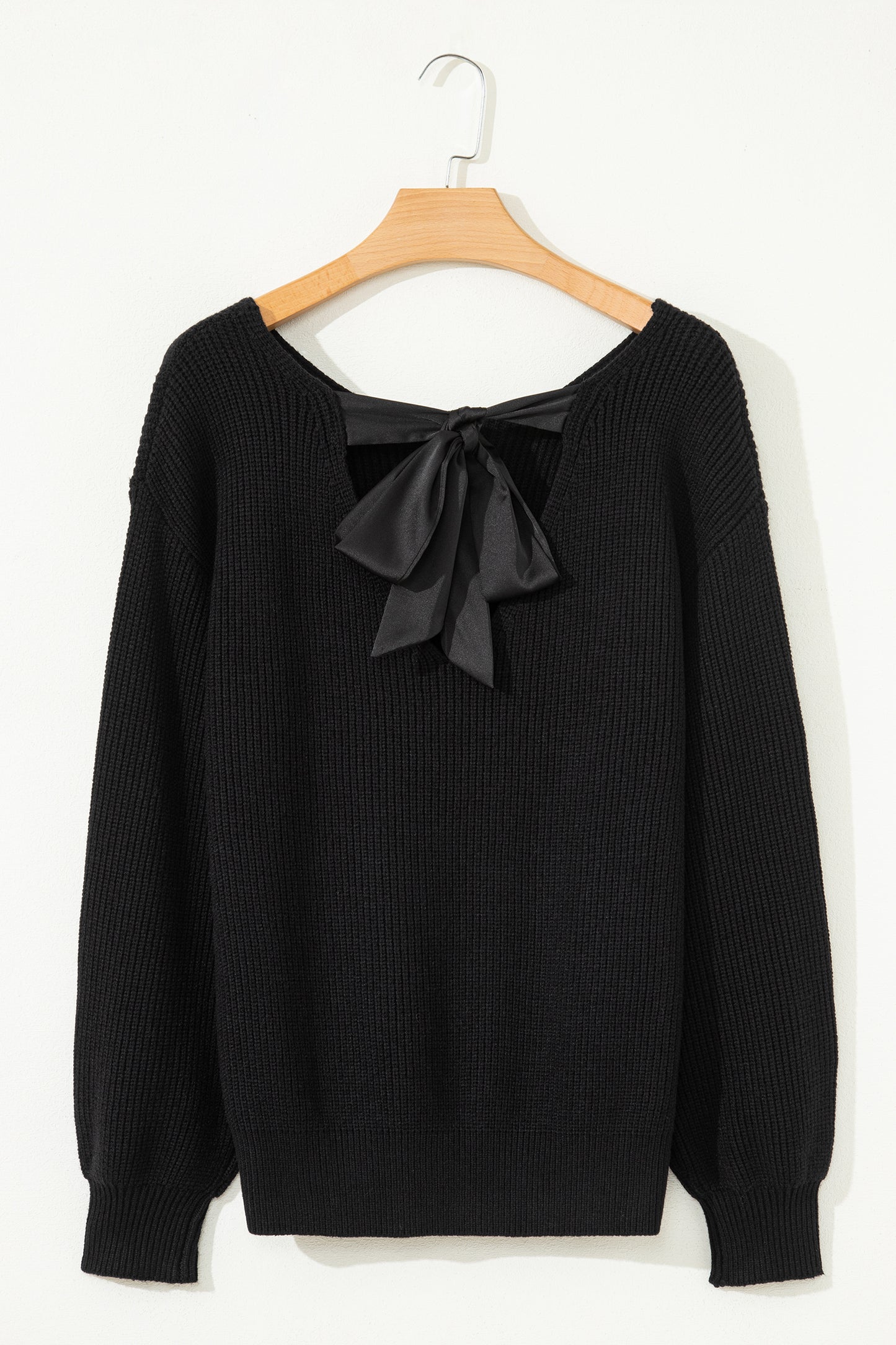 Red Dahlia Ribbed Knit Ribbon Knot Backless Drop Shoulder Sweater