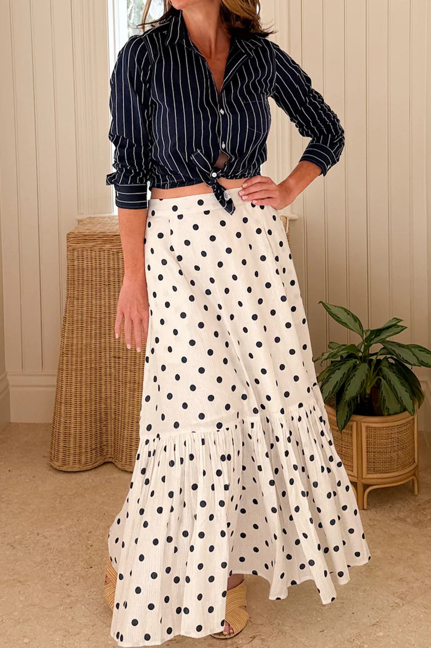 Polka Dot Maxi Skirt Side Slit Vacation Skirt