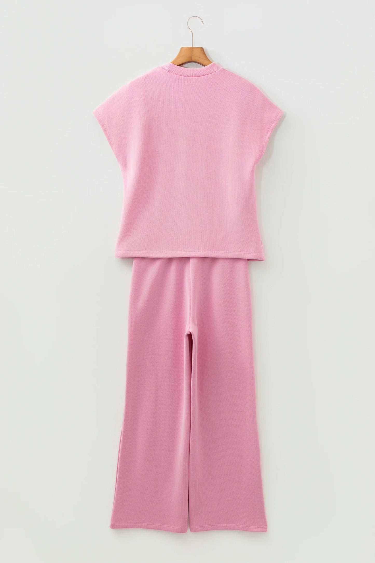 Pink Textured Knit High Neck Loose Tee Elastic Waist Loose Pant Set