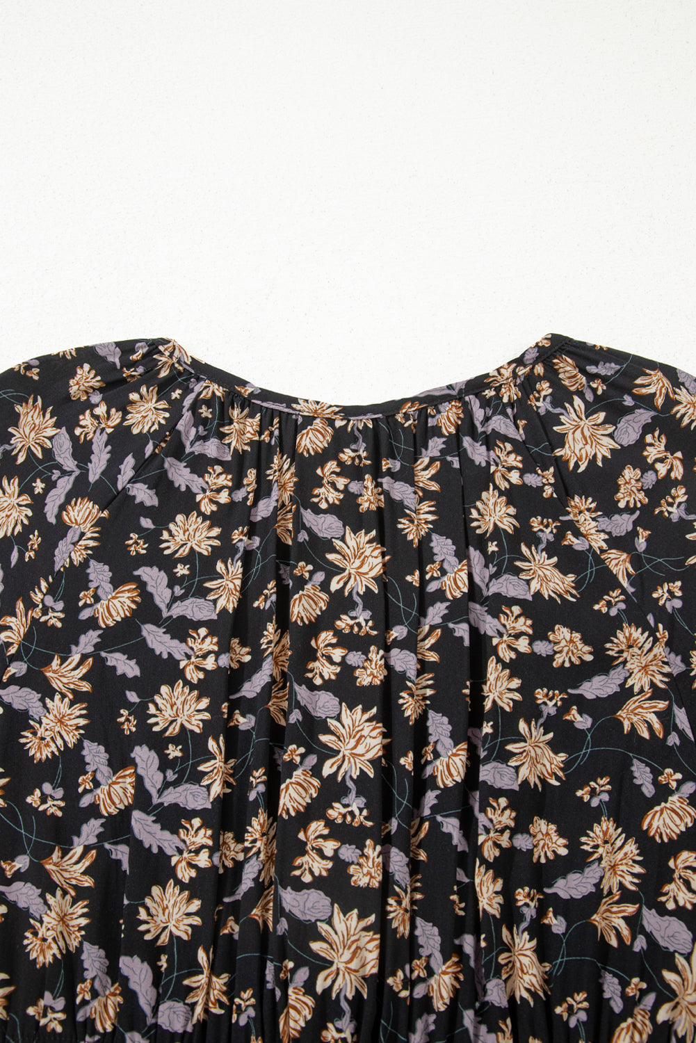 Beige Floral Deep V Neck Smocked Bust Bubble Sleeve Babydoll Dress