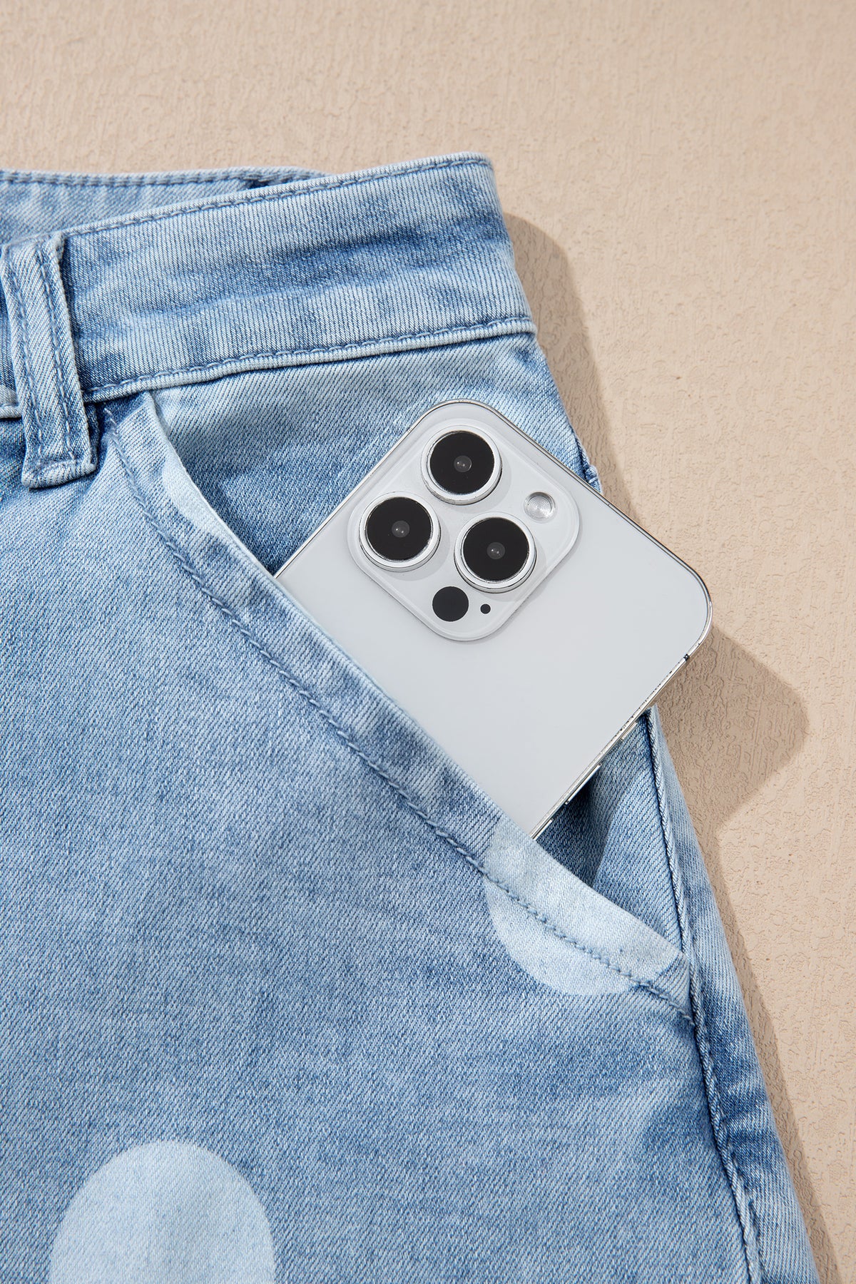Sky Blue Polka Dot Ankle-Length Metal Button Casual Jeans