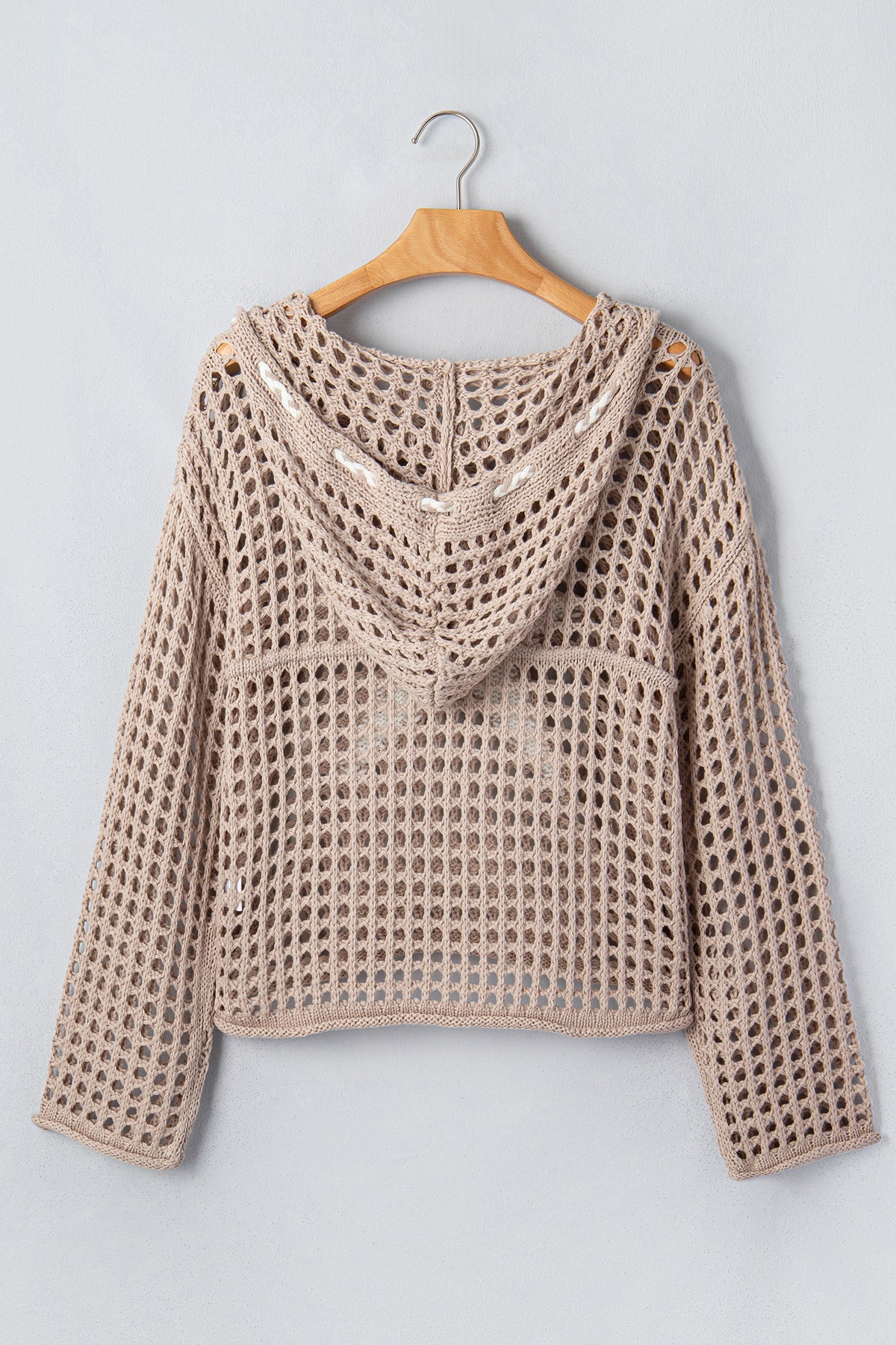 Sage Green Star Pattern Crochet Hooded Drawstring Sweater