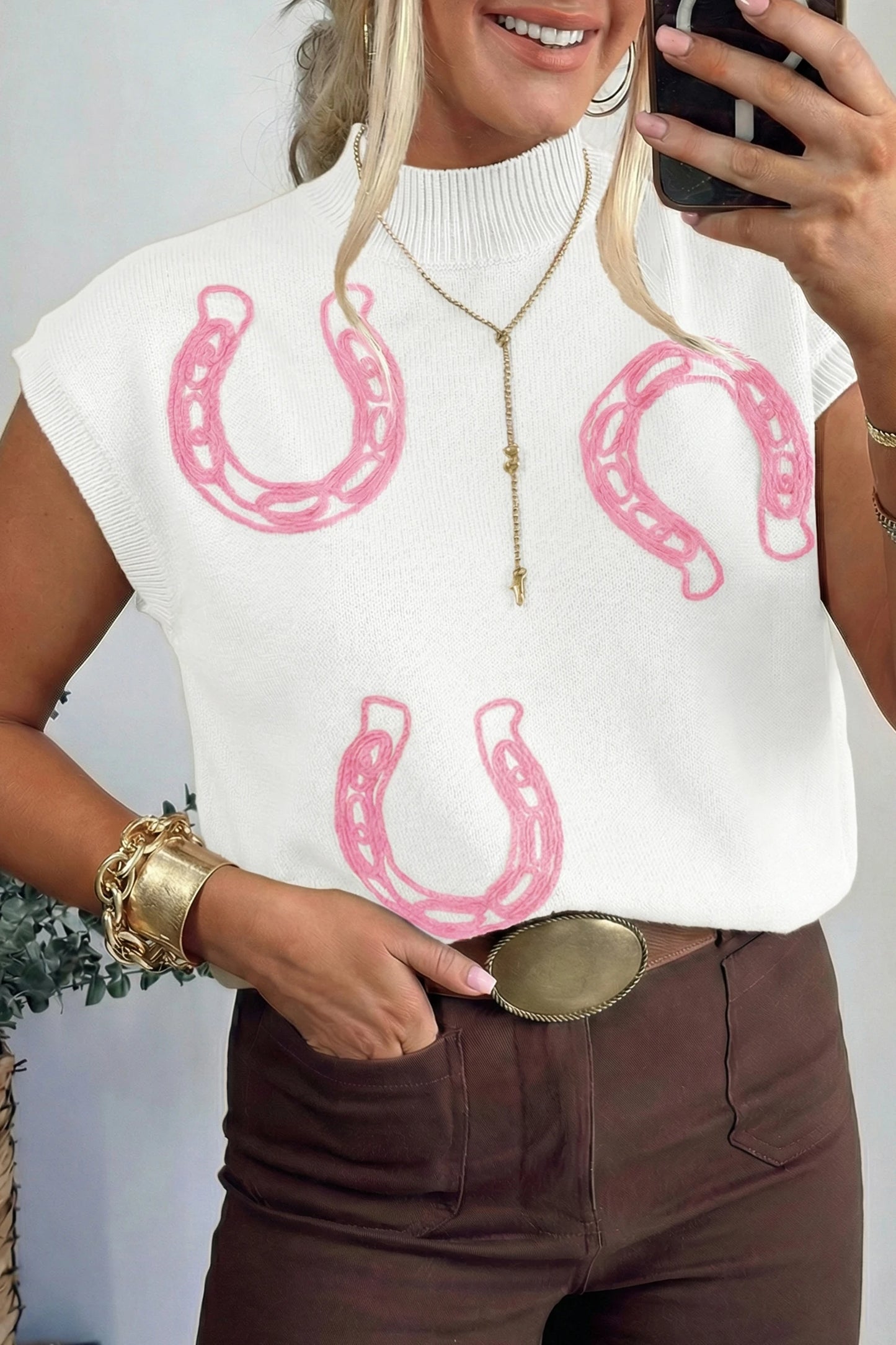 Parchment Corded Horseshoes Ribbed Trim Mock Neck Short Sleeve Sweater