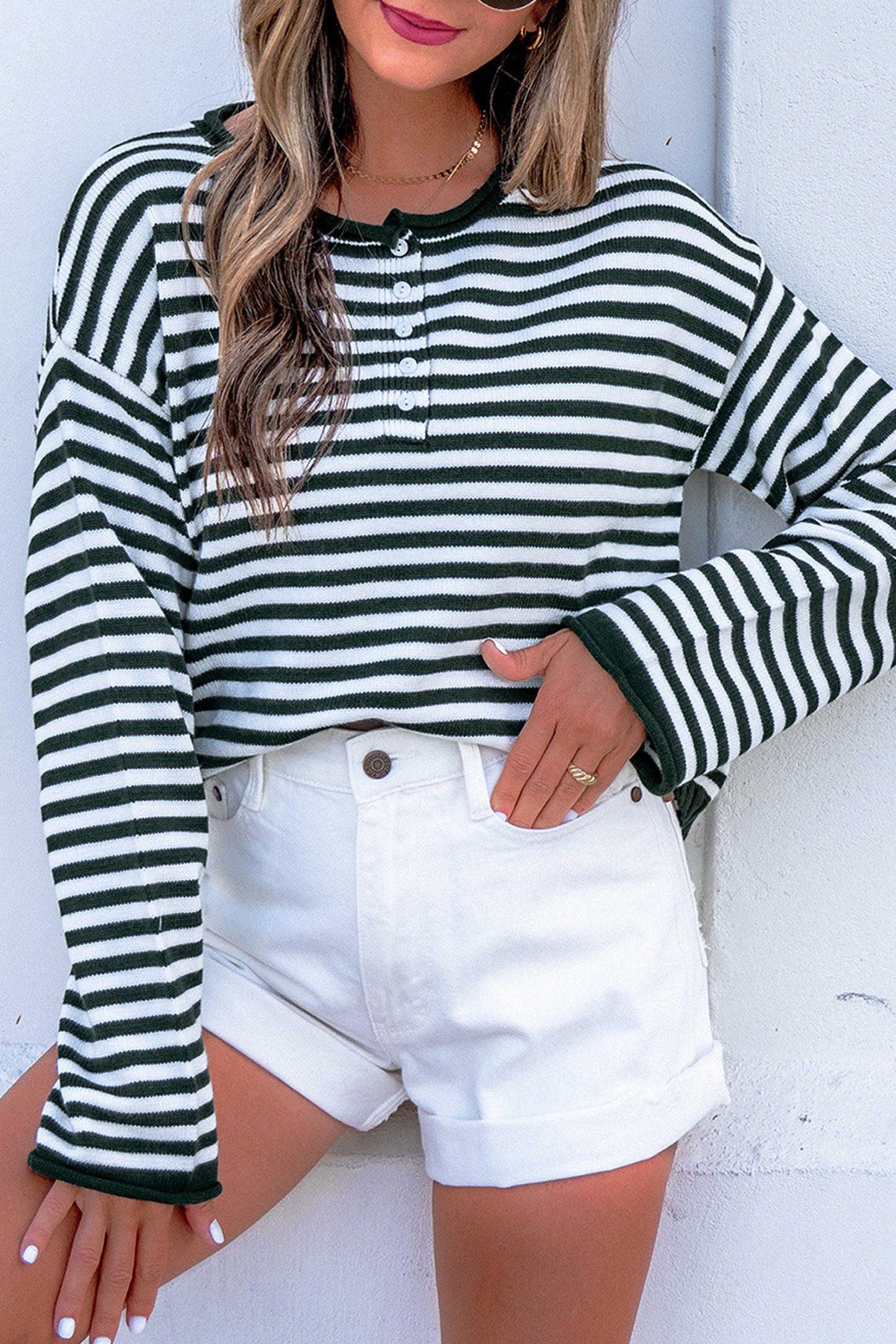 Striped Button Placket Drop Shoulder Long Sleeve Sweater