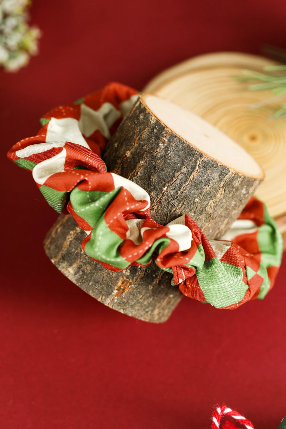 Racing Red Christmas Argyle Color Block Scrunchy Hair Tie