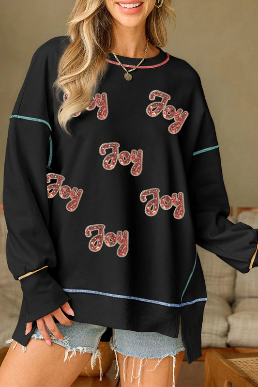 Black Sequin Joy Letter Graphic Contrast Seam Detail Drop Shoulder Sweatshirt