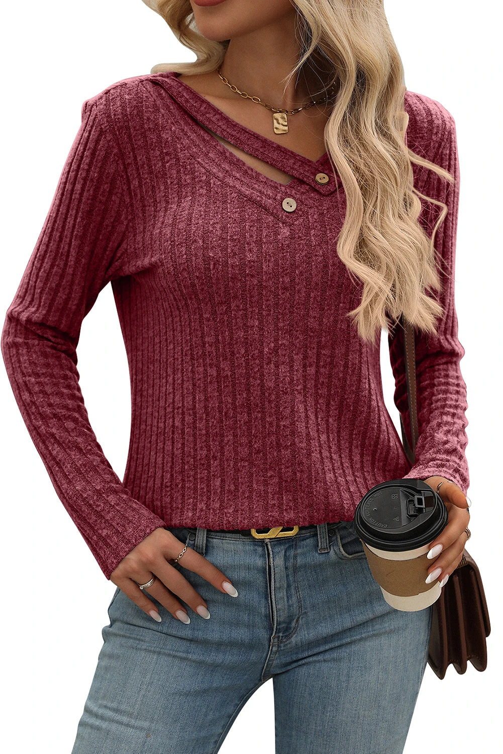 Ribbed Long Sleeve Buttoned Strap V Neck Top
