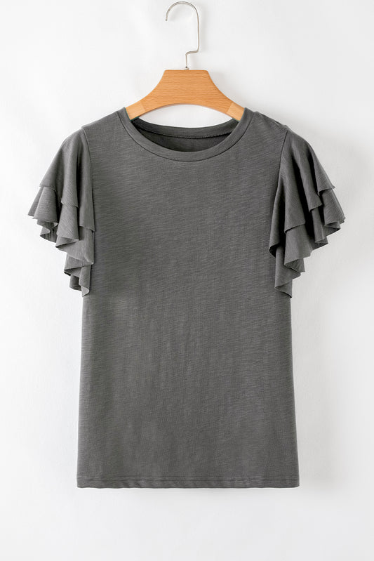 Dark Grey Layered Ruffle Short Sleeve Round Neck Top