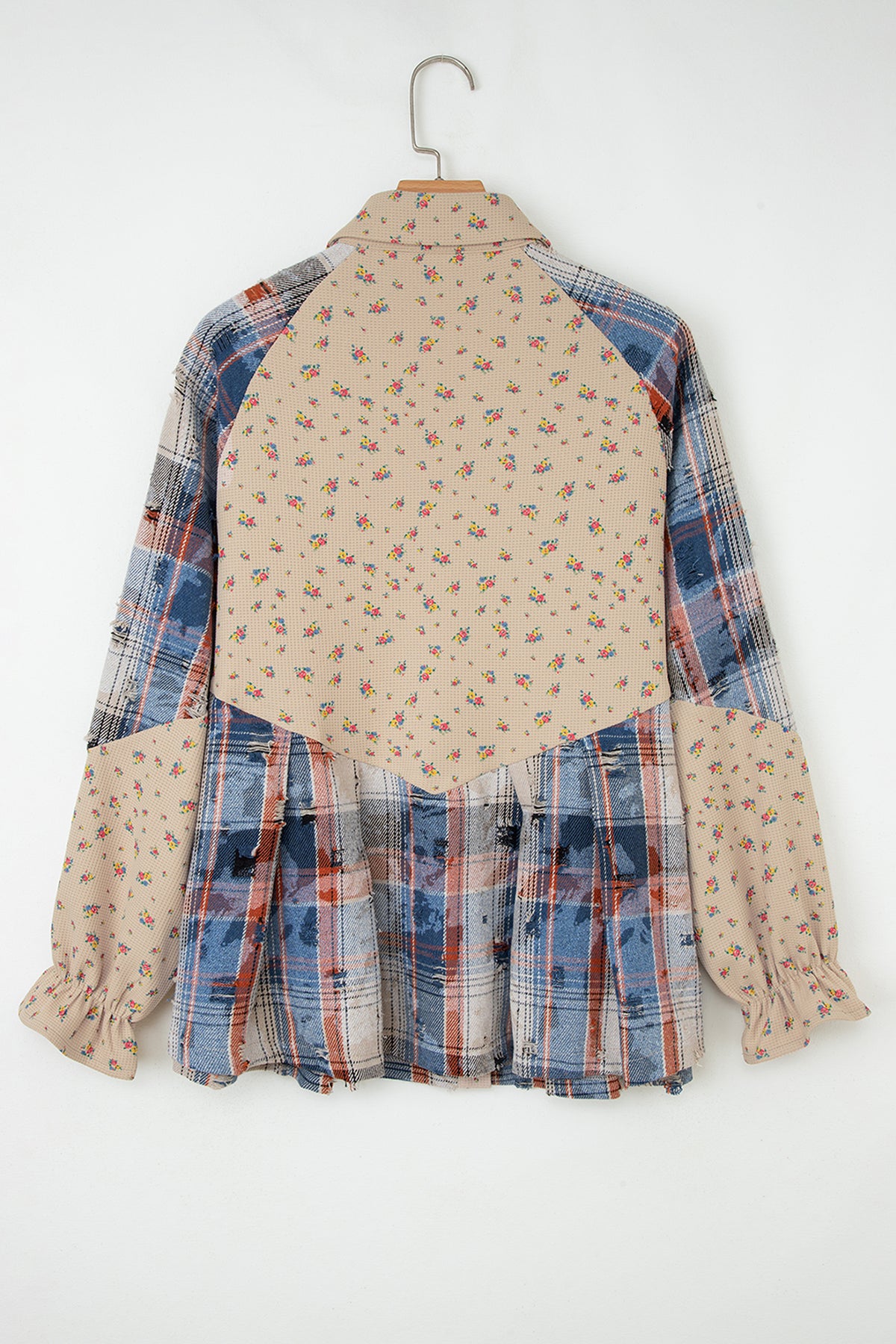 Mist Green Boho Floral Plaid Patchwork Distressed Detail Ruffled Sleeve Waffle Knit Shacket
