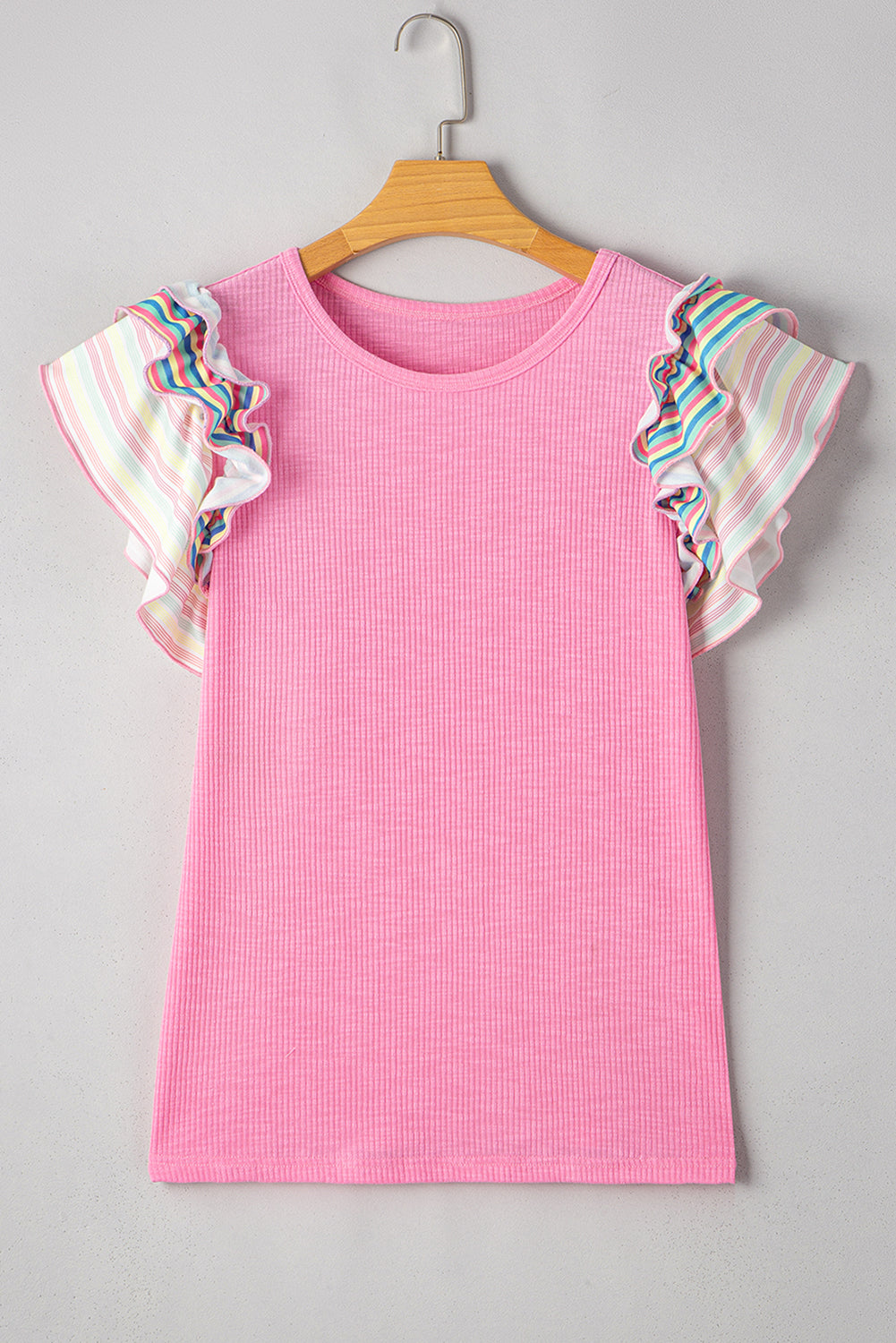 Bonbon Striped Ruffle Flutter Sleeve Ribbed Blouse