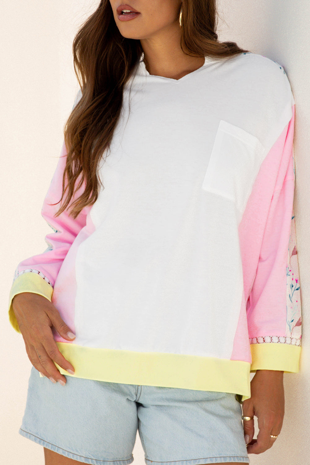 Light Pink Floral Colorblock Patchwork Chest Pocket Notched Neck Long Sleeve Top