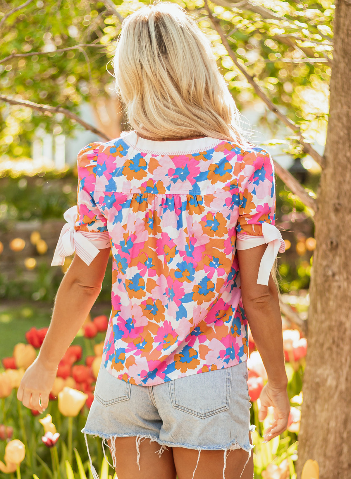 White Floral Colorblock Striped Edge V Neck Knotted Short Sleeve Blouse