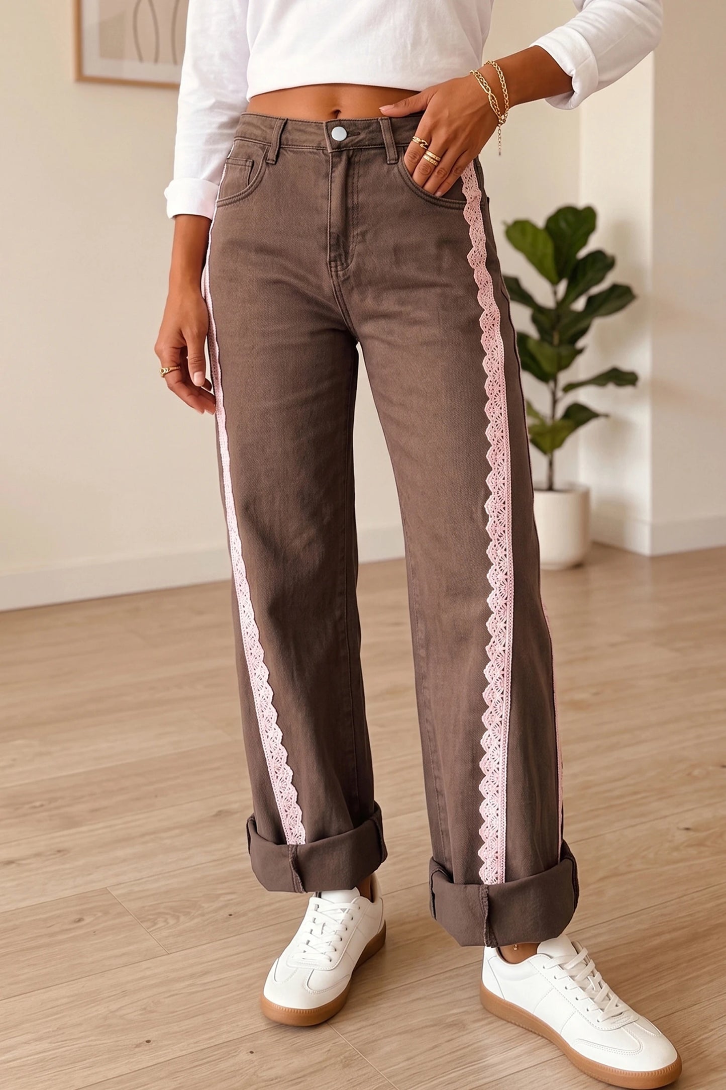 Beau Blue Lace Trim Casual Full-Length Regular Fit Jeans