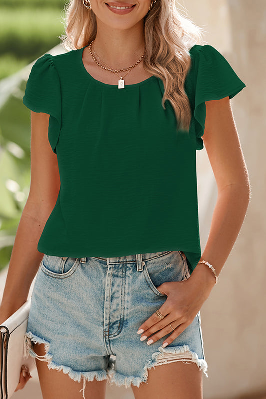 Blackish Green Flounce Sleeve Pleated Textured Blouse