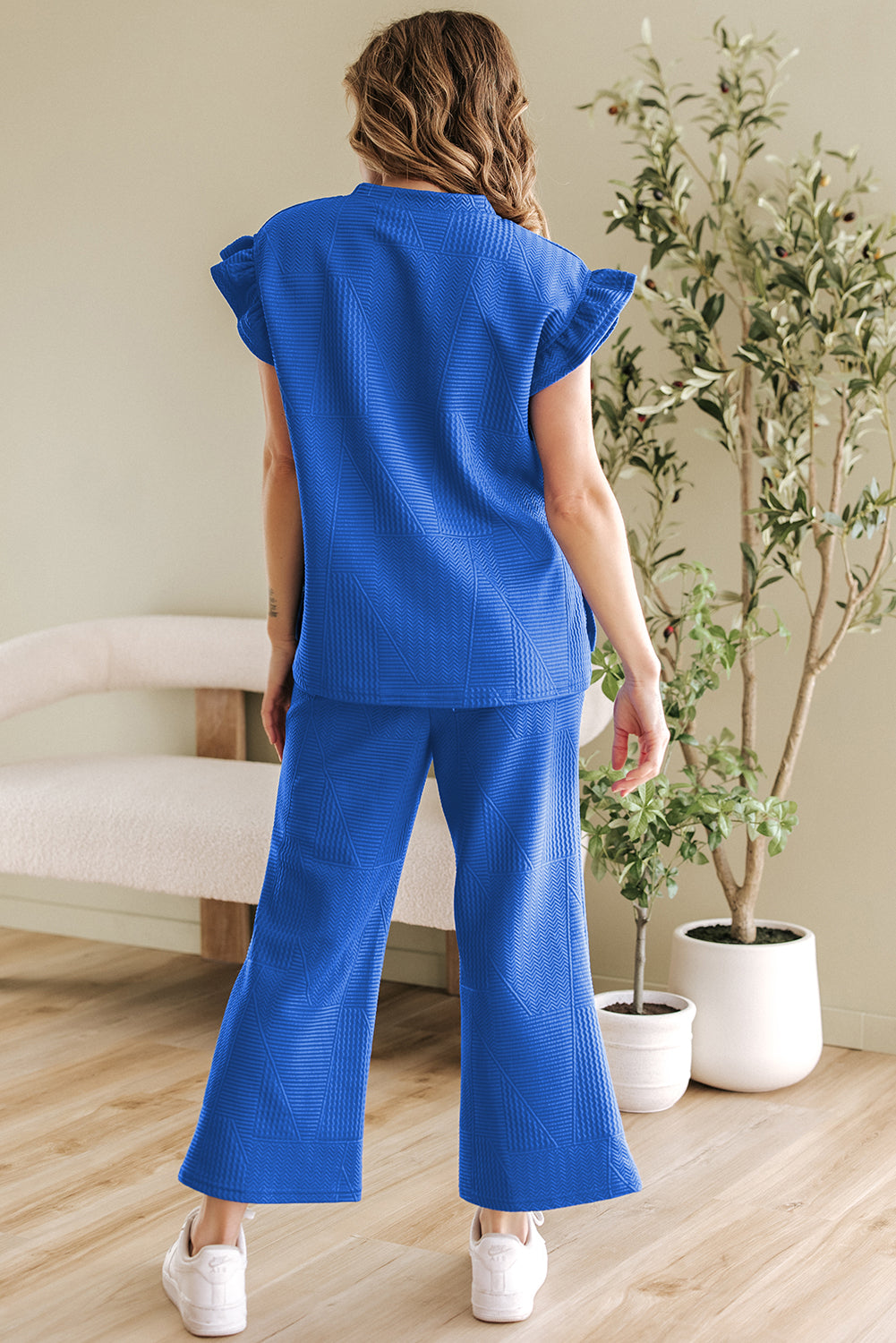 Ruffled Sleeve Summer Top and Cropped Loose Pants Set