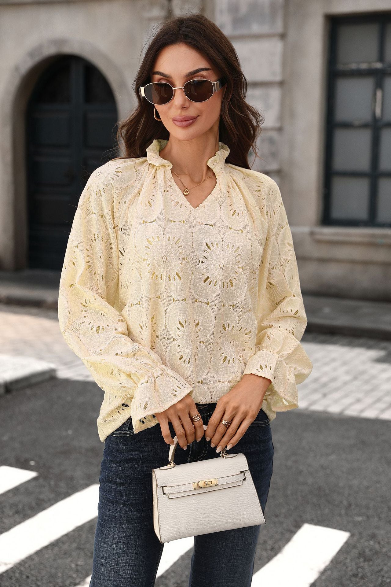 Eyelet Lace V Neck Top Long Sleeve Loose Casual Blouse
