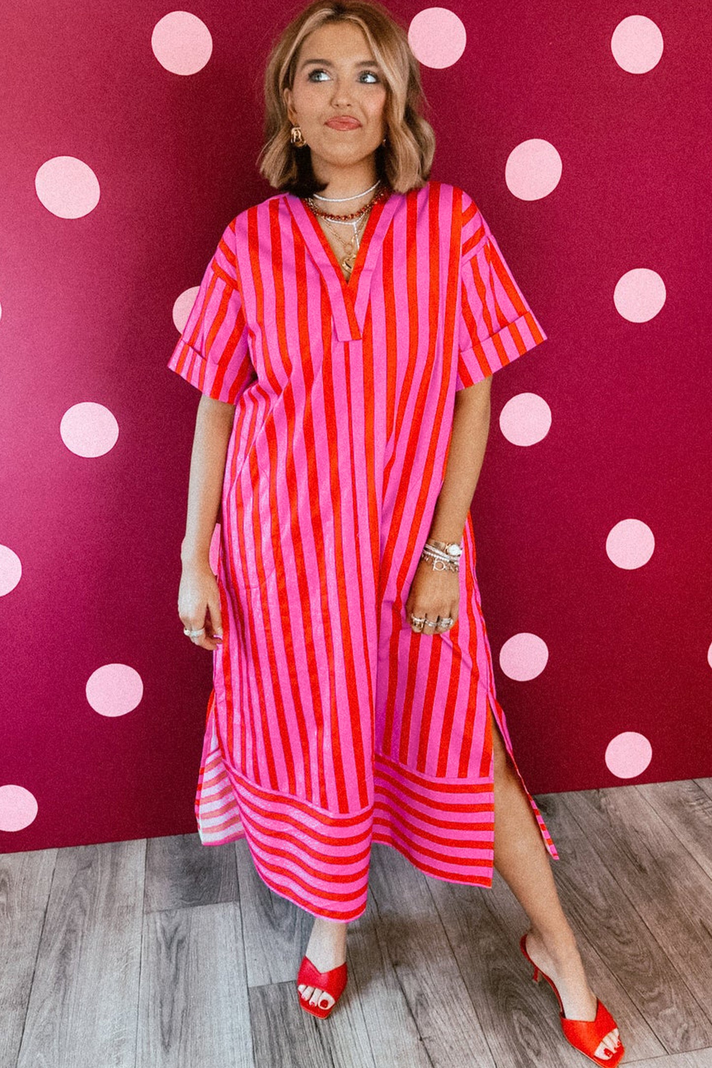 Striped Viscose Midi Dress Oversized Casual Vacation