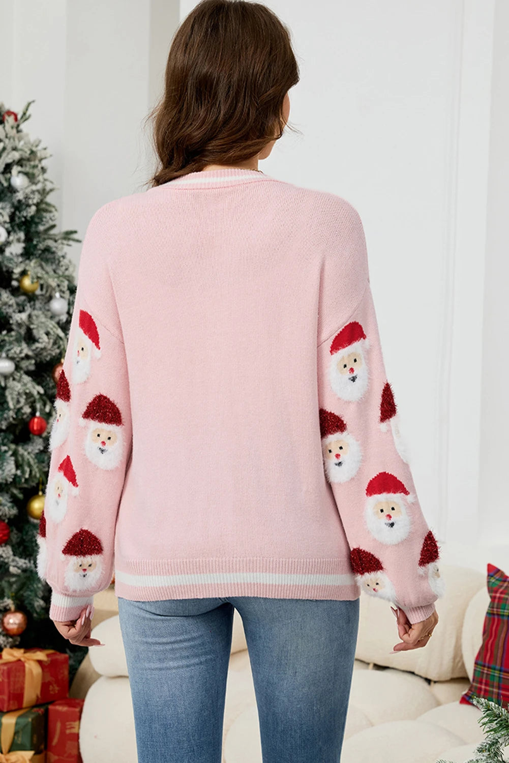 Christmas Santa Claus Pattern Button V Neck Sweater Cardigan