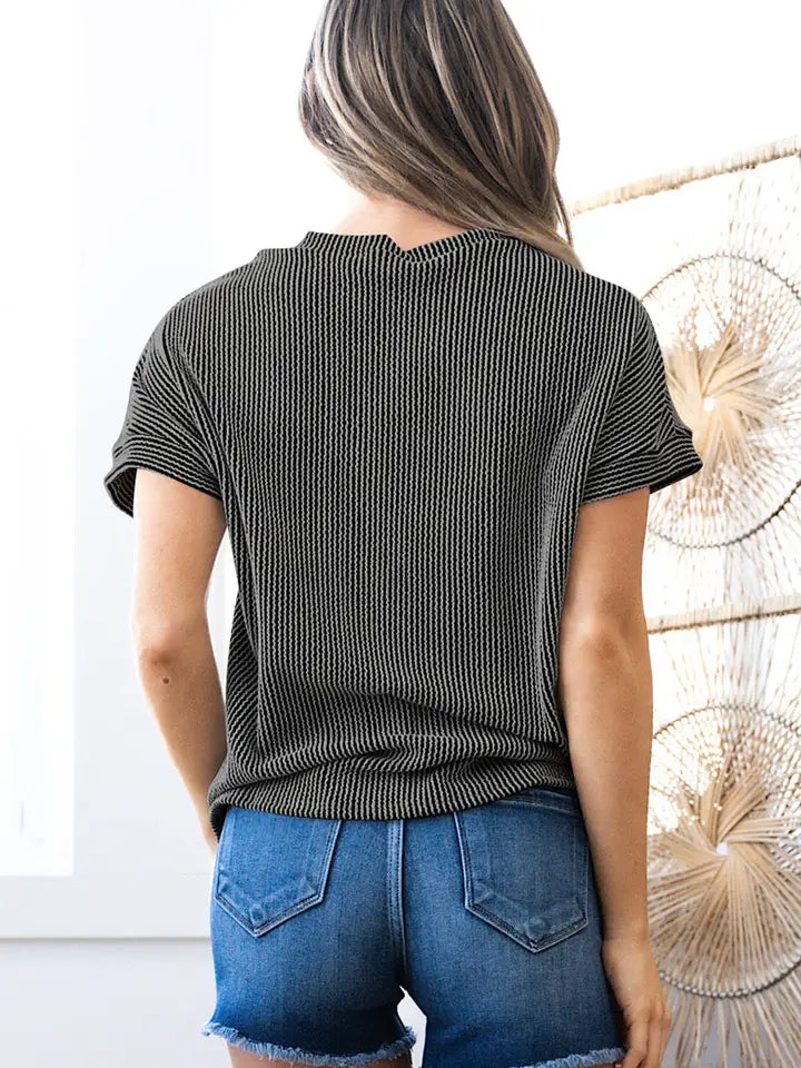 Light Blue Corded Knit Color Block Pocketed Crew Neck T Shirt