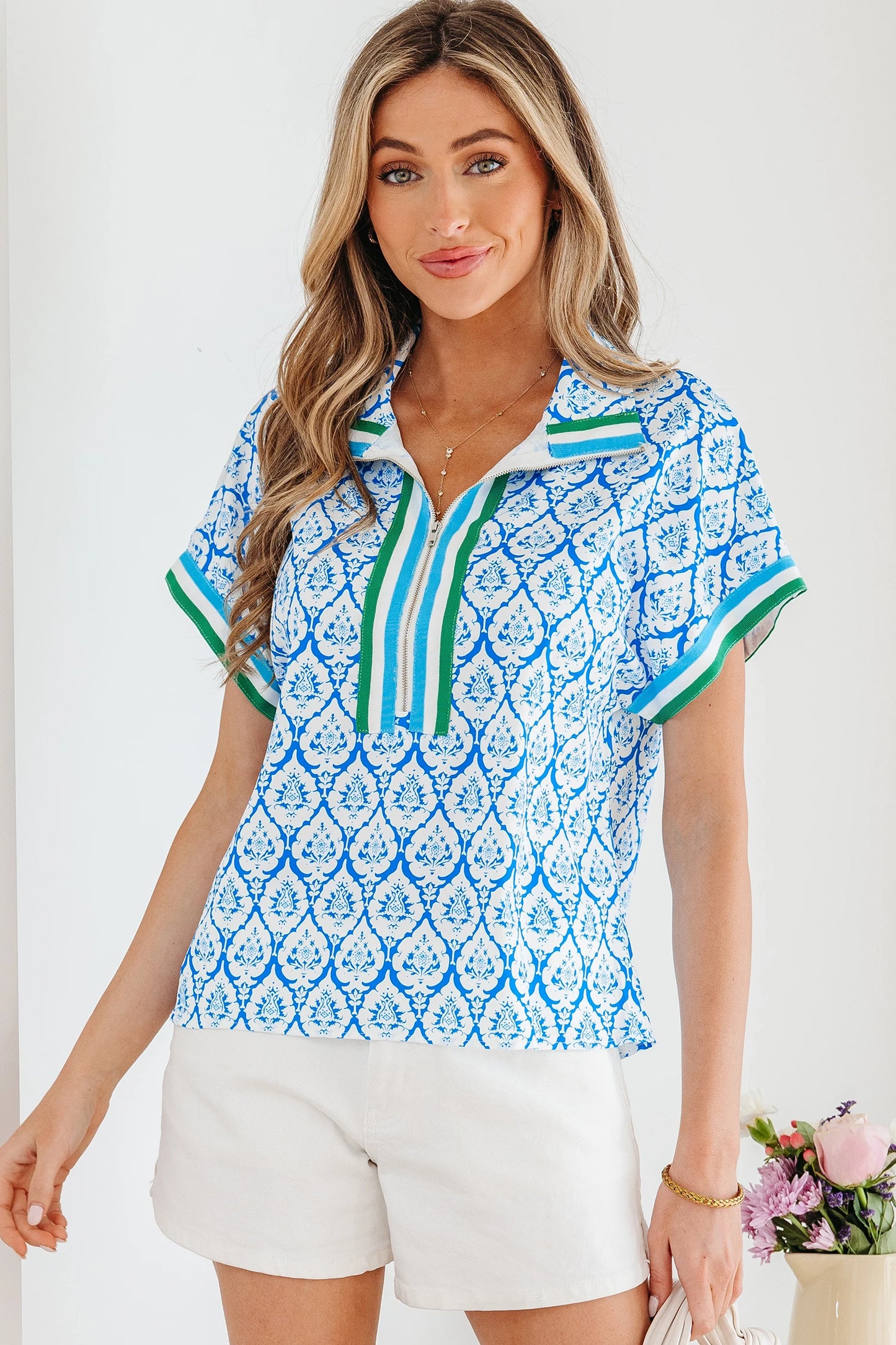Pink Western Print Zipped Collar Short Sleeve Summer Blouse Top