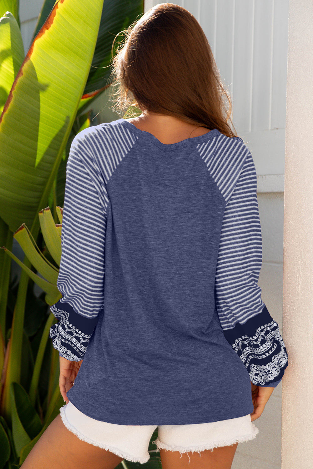 Tillandsia Purple Contrast Print Striped Raglan Long Sleeve Loose Top