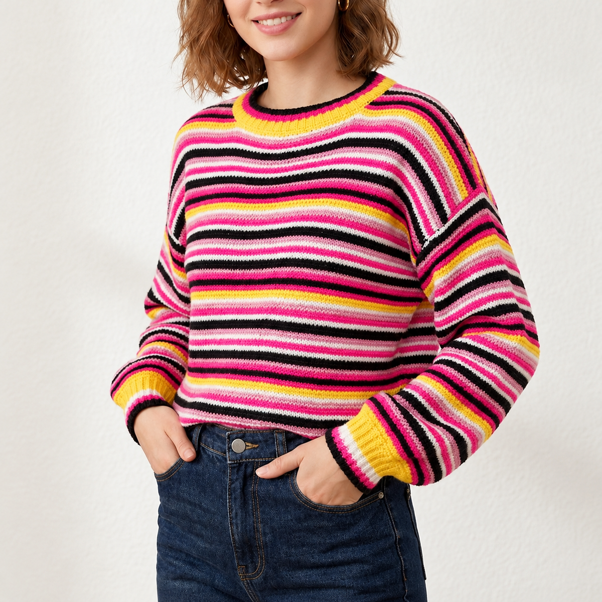 Women's Colorful Striped Crewneck Oversized Sweater