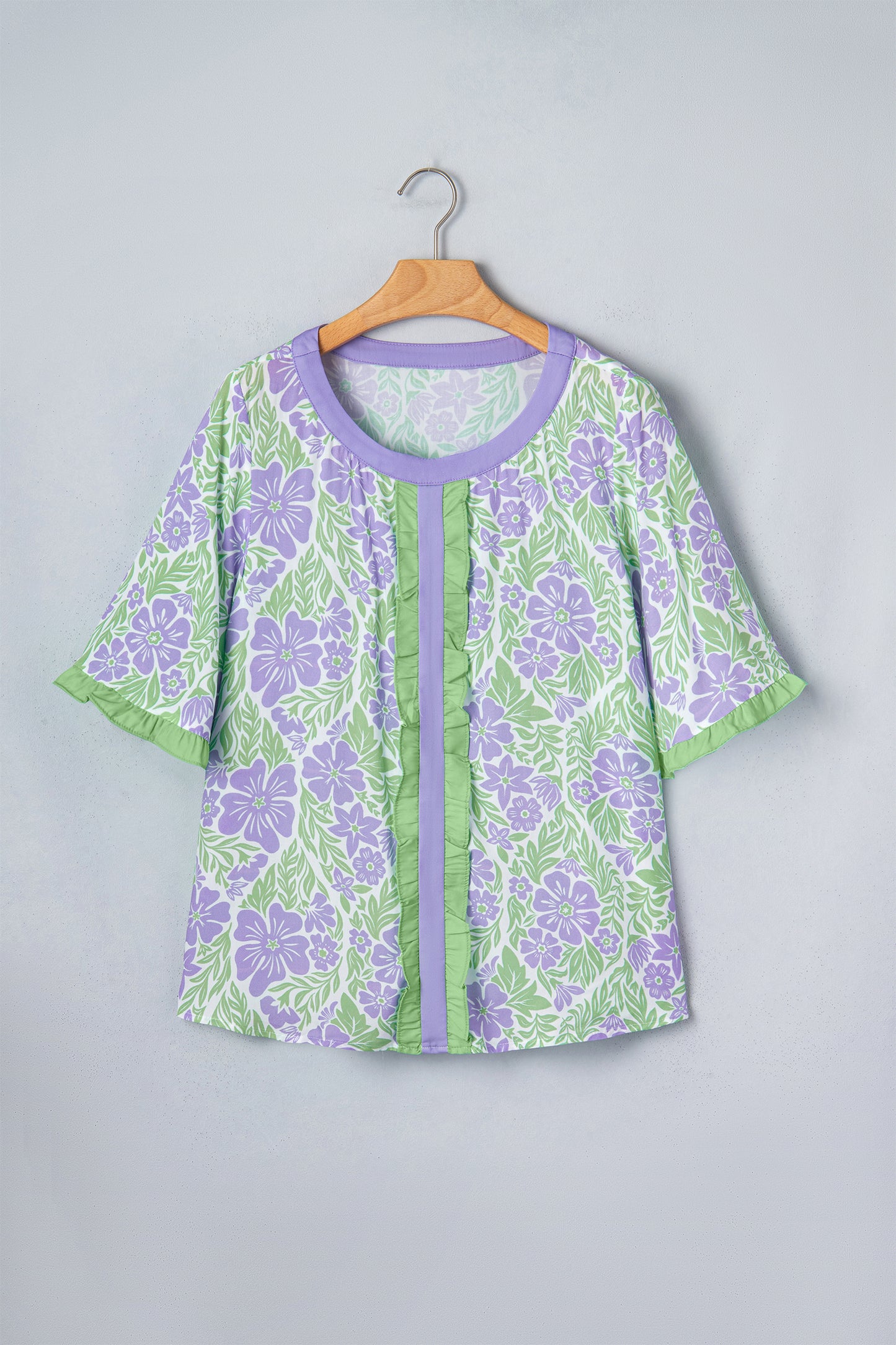 Floral Viscose Blouse Casual Ruffle Trim Flutter Sleeve Top