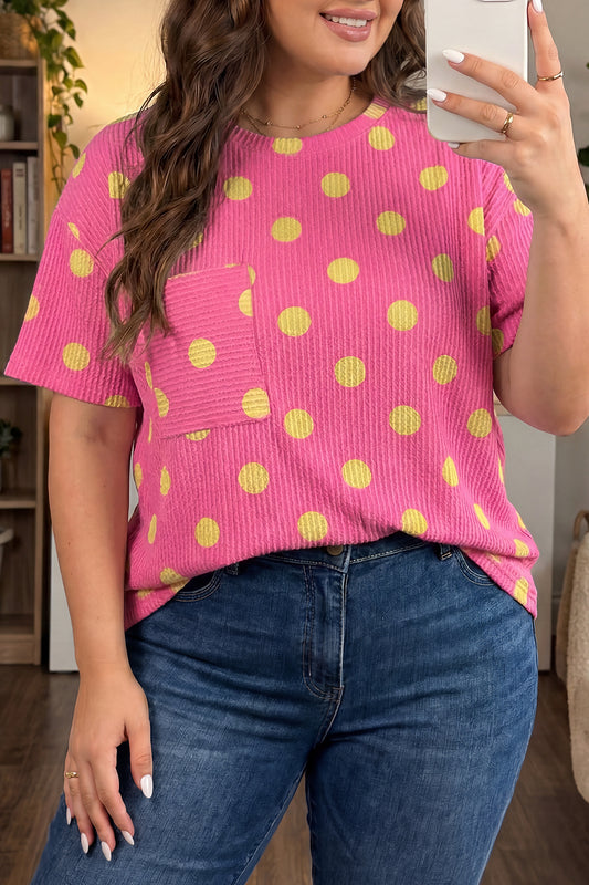 Polka Dot Waffle Knit Plus Size Pocket Top