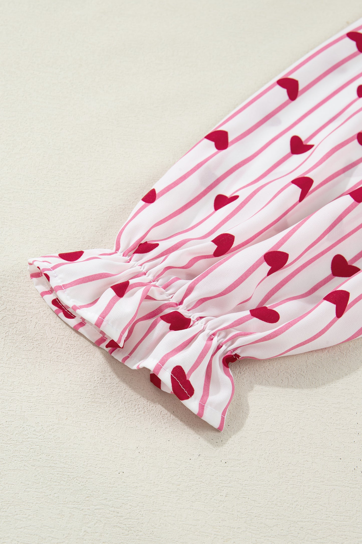 Pink Stripe Textured Heart Print Long Flounce Sleeve Shirt