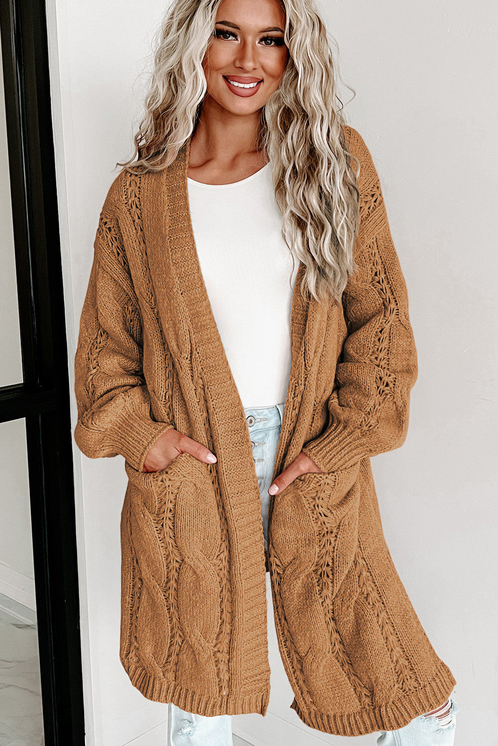 Khaki Ribbed Trim Eyelet Cable Knit Cardigan