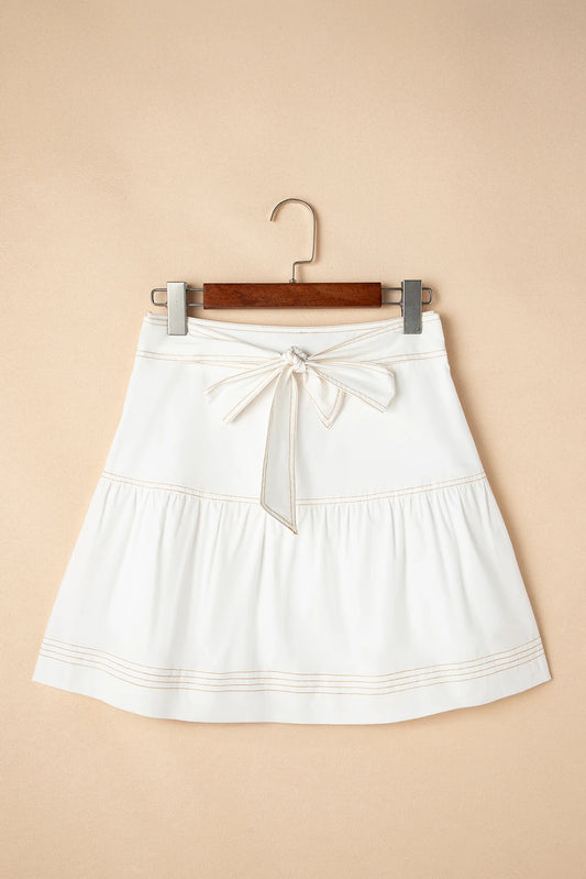 White Contrast Stitching Trim Knotted High Waist A-Line Mini Skirt