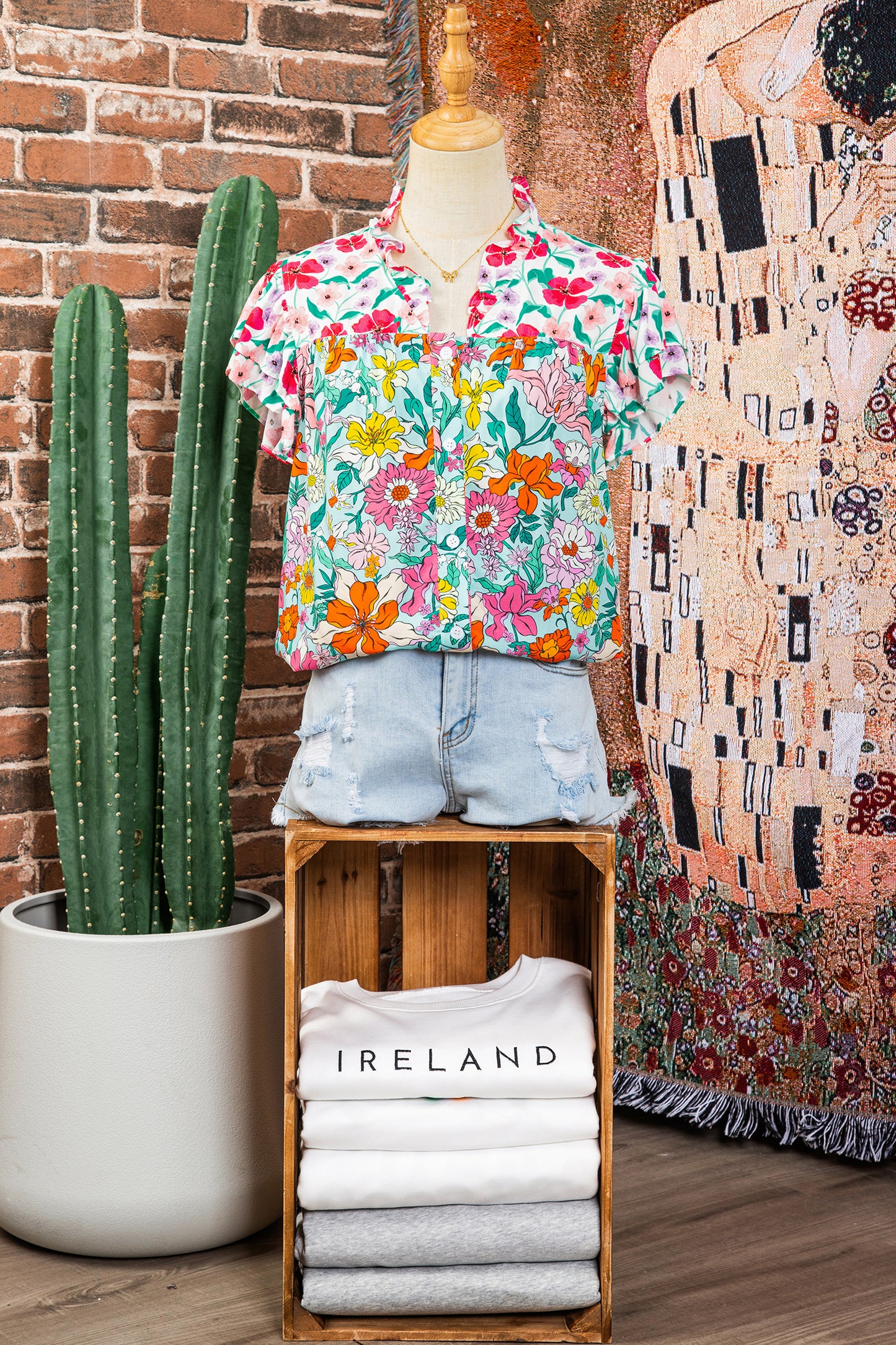 Sky Blue Floral Print Split Neck Button Front Flutter Sleeve Blouse