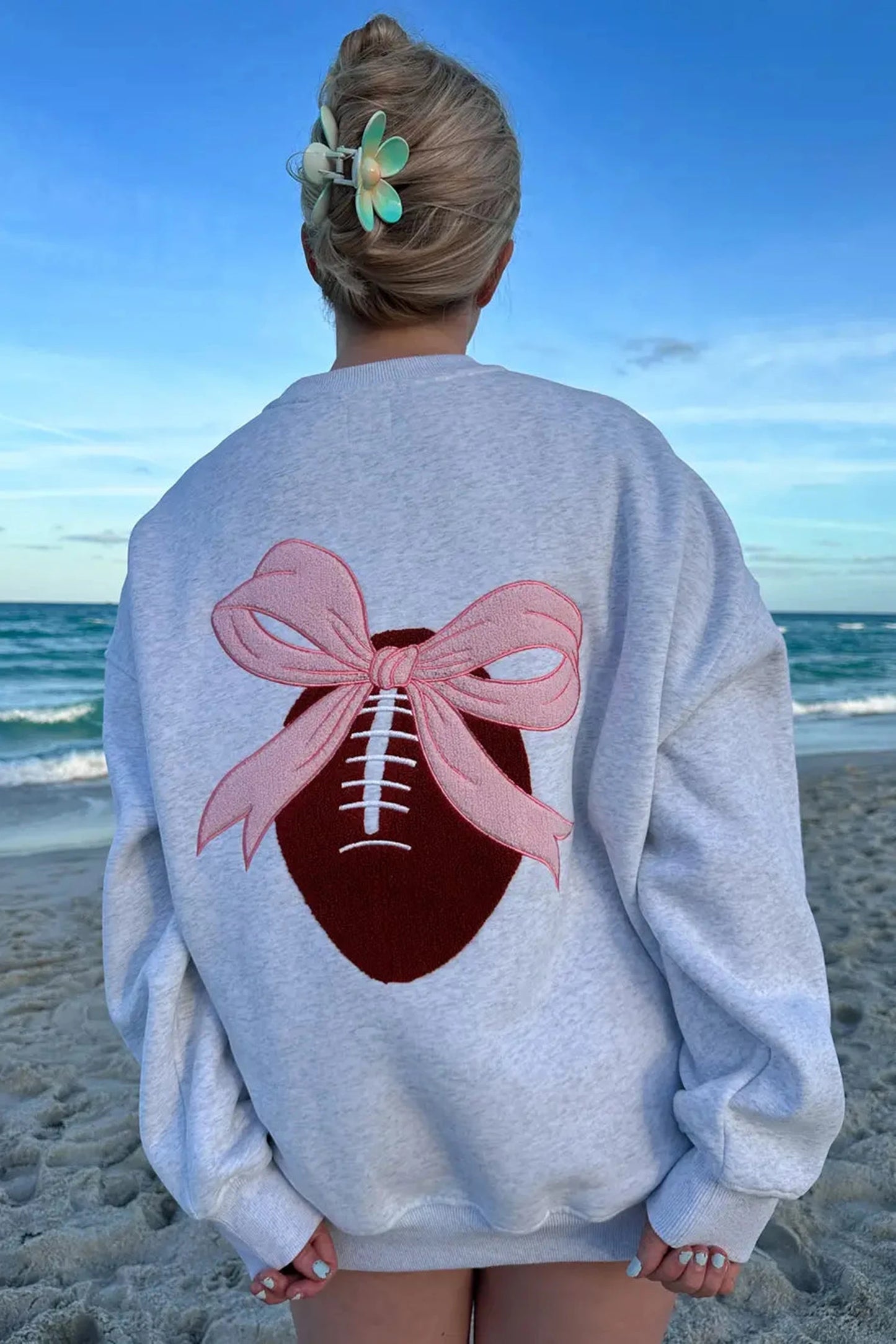 Embroidered Football Bow Back Long Sleeve Tunic Sweatshirt