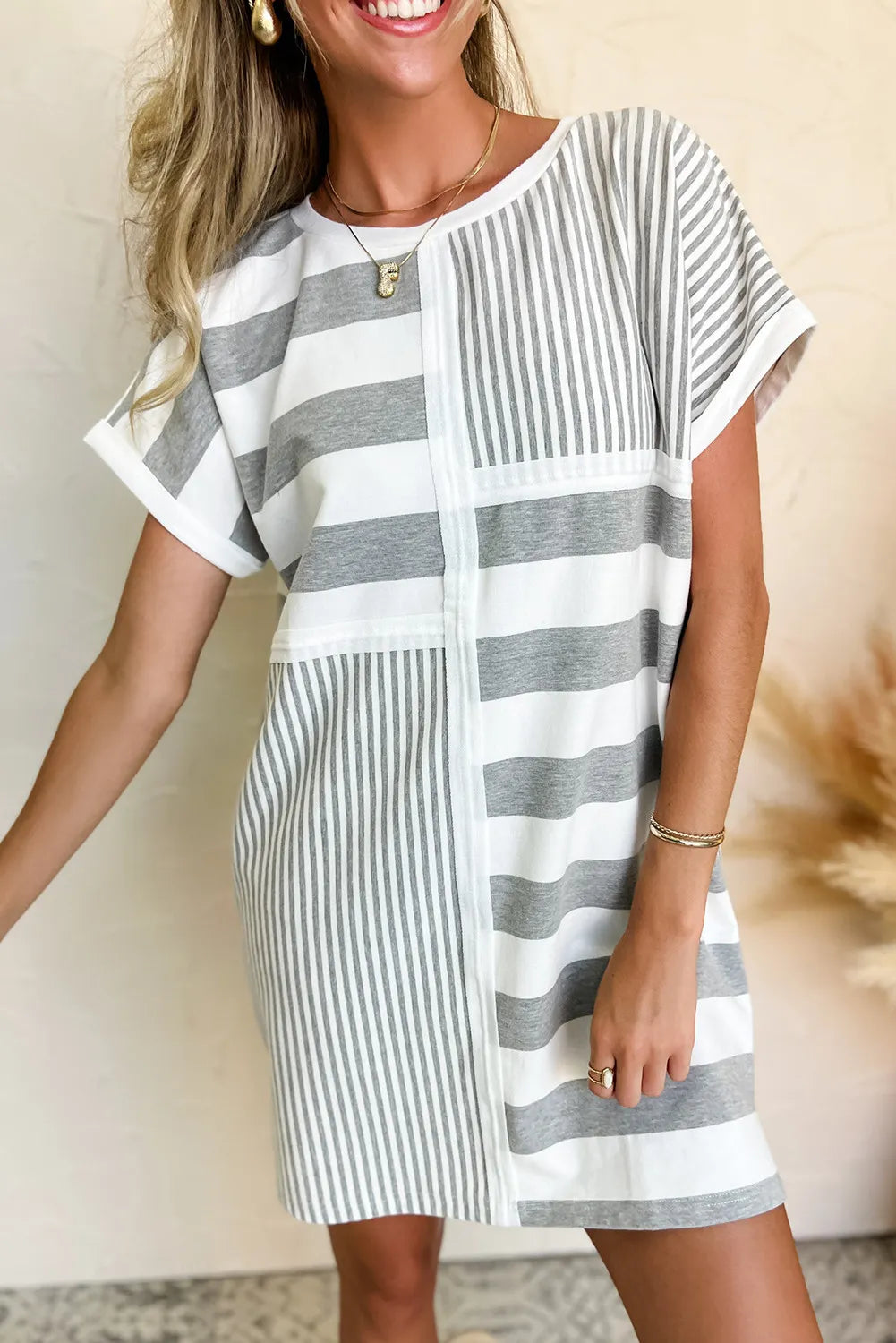 Blue Stripe Mixed Printed Short Sleeve Shift Mini T Shirt Dress